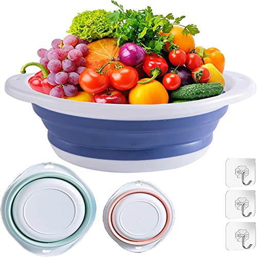 3pc Pliable Vaisselle Bol Bassine, Pliable Bassine Lavabo Pliable Rond en Silicone Multifonction pour Camping, Cuisine, faire de la pêche, Camping, Randonnée avec 3 crochet