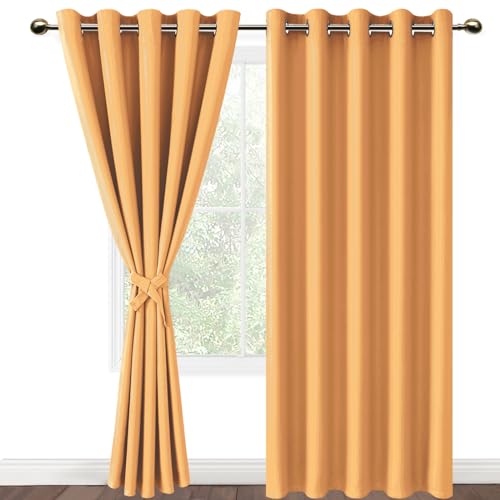 DWCN Blackout Curtains with Tiebacks for Bedroom Thermal Insulated Solid Eyelet Curtains for Living Room,2 Panels,66" Wide x 90" Drop Pumpkin Orange