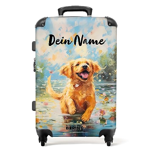 NoBoringSuitcases.com® Personalisierte Kinder Koffer, 67x43x25cm - Hartschalenkoffer mit Rollen - Bunter Hund im Wasser - Mittelgroß mit Namen