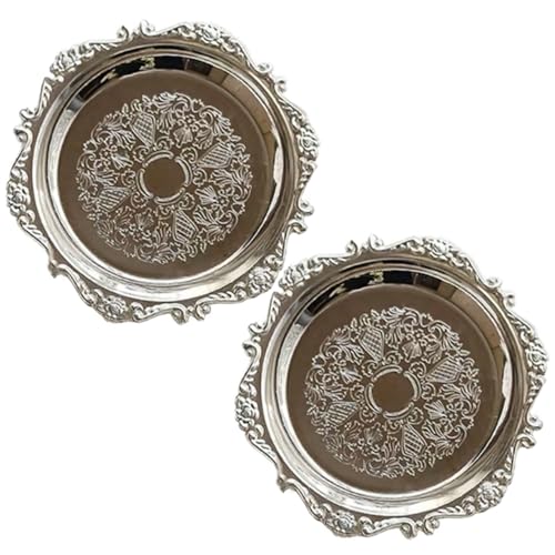 Vassoio portacandele 2 pezzi 3, 9 pollici di diametro Piatto portacandele in metallo con incisione Bordo decorativo Vassoio rotondo per tavolino da caffè Supporto in argento per piatto decorativo pe