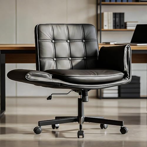 Image of DROGO Zen Atora Ergonomic Criss Cross Legged Office Chair for Work with 5 Gear Armrest & Wide Thick Cushion Seat | PU Leather Computer Chair with Adjustable Height, Recline & Heavy Metal Base (Black)