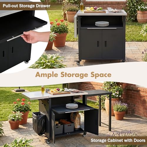 Image of Merax 73.8 inch Outdoor Kitchen Island with Dual Foldable Grill Table, Black | Stainless Steel Top,Outdoor Grill Cart with Storage Cabinet &Trash Rack, Outdoor Bar Cart, Pizza Oven Table for Lawn & Garden