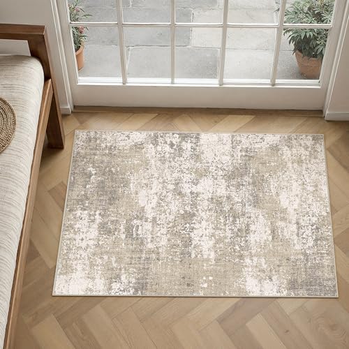 PureCozy Beige Brown Entryway Area Rug 2x3 Modern Abstract
