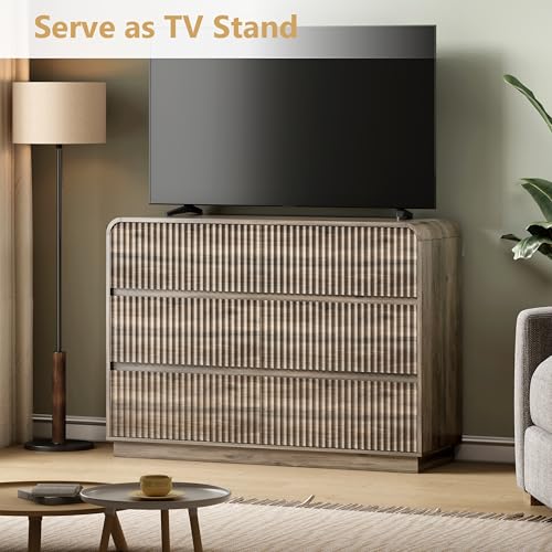 Image of Wodeer Grey Dresser Fluted 6 Drawers Dresser for Bedroom, 47 inch Wide Wood Chest of Drawers with Hidden Handles & Rounded Corners, Modern TV Stand Storage Cabinet for Living Room, Hallway, Entryway