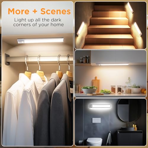 Image of Under Cabinet Lighting Wireless,56 LED Motion Activated Under Cabinet Lights Rechargeable, Magnetic & 3 Color Temps Closet Light Indoor Battery Operated, Under Counter Lights for Kitchen，Stairs