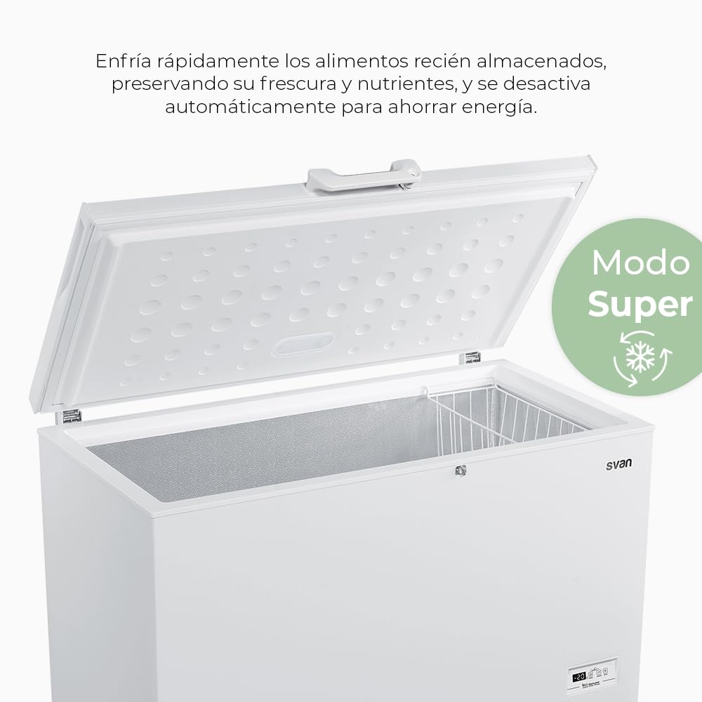 Svan Congelador horizontal Blanco SCH4001EDC. Capacidad 371 Litros, Dual Cooling, 1 Cesta, Bajo nivel Sonoro, Eficiencia Energética Clase E