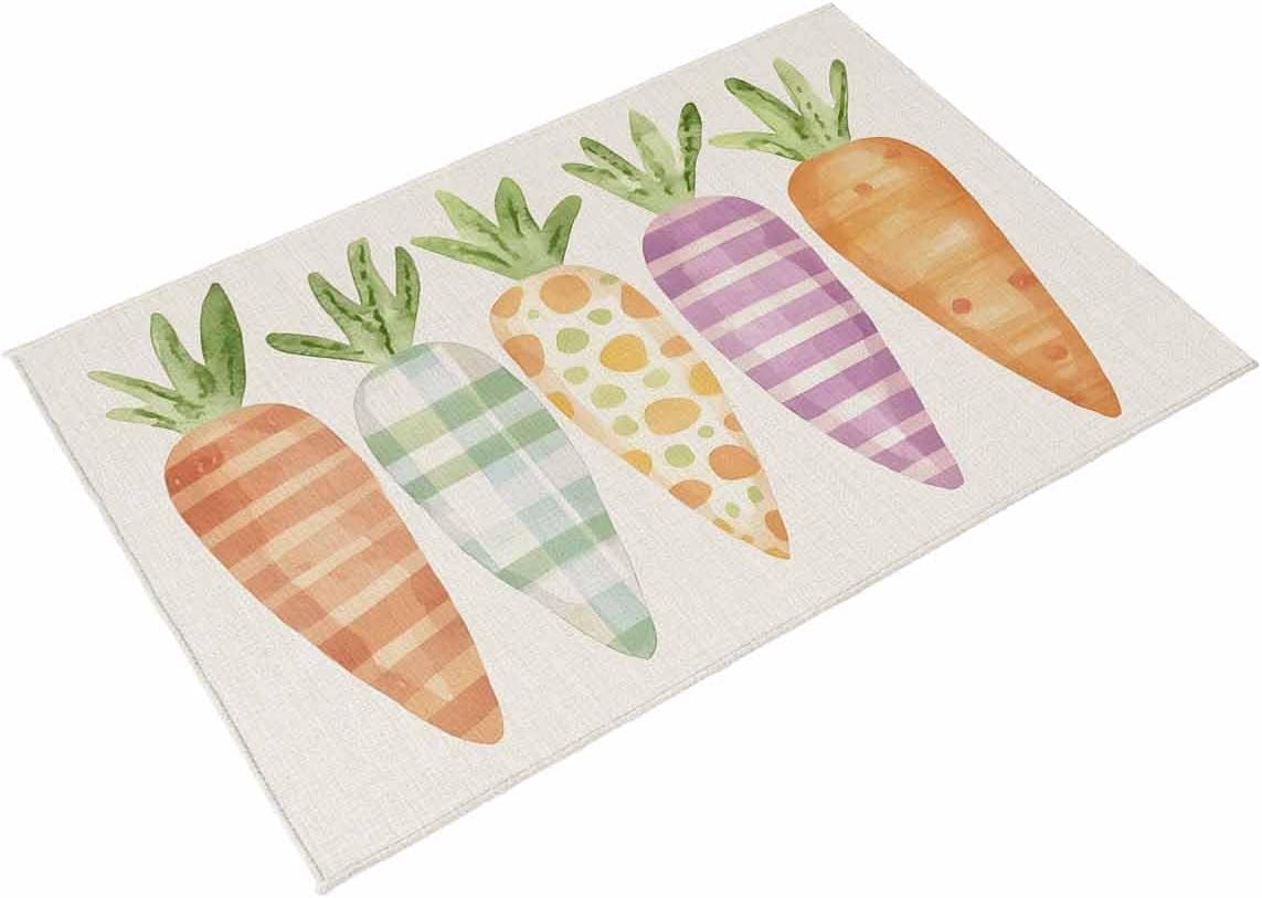 Easter Outdoor Rug 4x6 ft Stripe Buffalo Plaid Carrot Outdoor Large Area Rug Non Slip Rubber Colorful Front Door Mat RV Rug Camping Carpet Patio Outdoor Rugs for Backyard Balcony Indoor Spring Decor