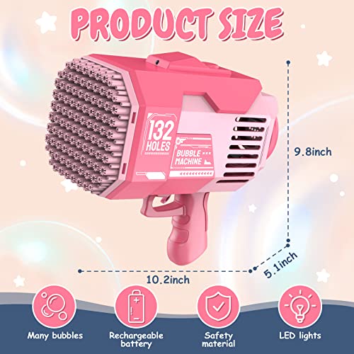 Bubble Machine Gun Bubble Blower, 132 Hole Bubble Gun Blower With Colorful Light, Big Rocket Boom Bubble Toys, Big Bubble Maker Guns Toys Wedding Outdoor Indoor Birthday Party Favors Gift(Pink) #TOP2