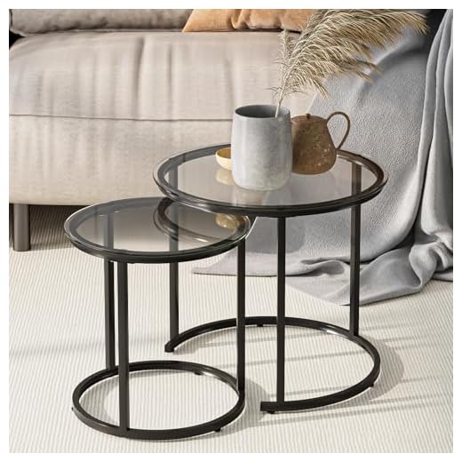 HEYZOEY Round Nesting Coffee Tables, Removable Set of 2 End Table, Glass Top Nesting Tables with Metal Frame for Living Room, Bedroom, Office, Balcony, Apartment, Jet Black