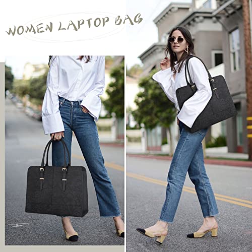 Laptop Bag For Women 15.6 Inch Laptop Tote Bag Waterproof Leather Work Bag Large Capacity Computer Tote Bag Professional Office Business Briefcase Lightweight Travel Handbag Shoulder Bag, Black #TOP5