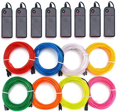 EL Wire Kit Pack of 8 - Blue Red White Green Pink Lemon Green Yellow Orange EL Wire Neon Rope Lights, Portable Battery Operated with 3 Mode for Halloween Christmas Party DIY Decoration (Multi-Colors)