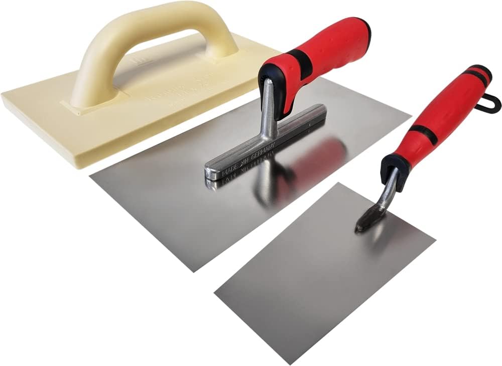 Maurerfreund 3-teiliges Putzwerkzeug Set - Edelstahl Glättekelle & Reibebrett Made In Germany