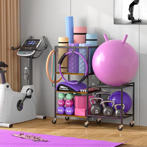 5 Tier Dumbbell Rack, Yoga Mat Storage Rack, Home Gym Storage Rack, Workout Equipment Storage Organizer, Weight Storage Holder Rack with Hooks and Wheels