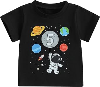 Canis 1-6 Years Birthday Boy Shirt Space Rocket Astronaut Themed T-Shirt with Moon Balloon and Planets Short Sleeve Tee