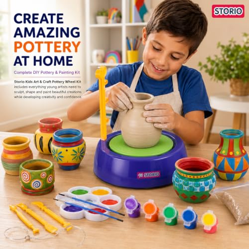 Image of Storio Kids Art & Craft Pottery Wheel Kit|DIY Battery Operated Pottery Making & Painting Set|Modeling Clay,Sculpting Tools & Paints|Creative Kit for Boys & Girls Age 5+|Indoor Outdoor Toy (Multi)