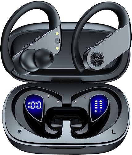 Ear Buds 110H Playtime Bluetooth Headphones Wireless Earbuds with 2200mAh Charging Case Dual LED Display Waterproof Over Ear Earphones with Earhooks for Sport Workout Laptop TV Computer Phone Black
