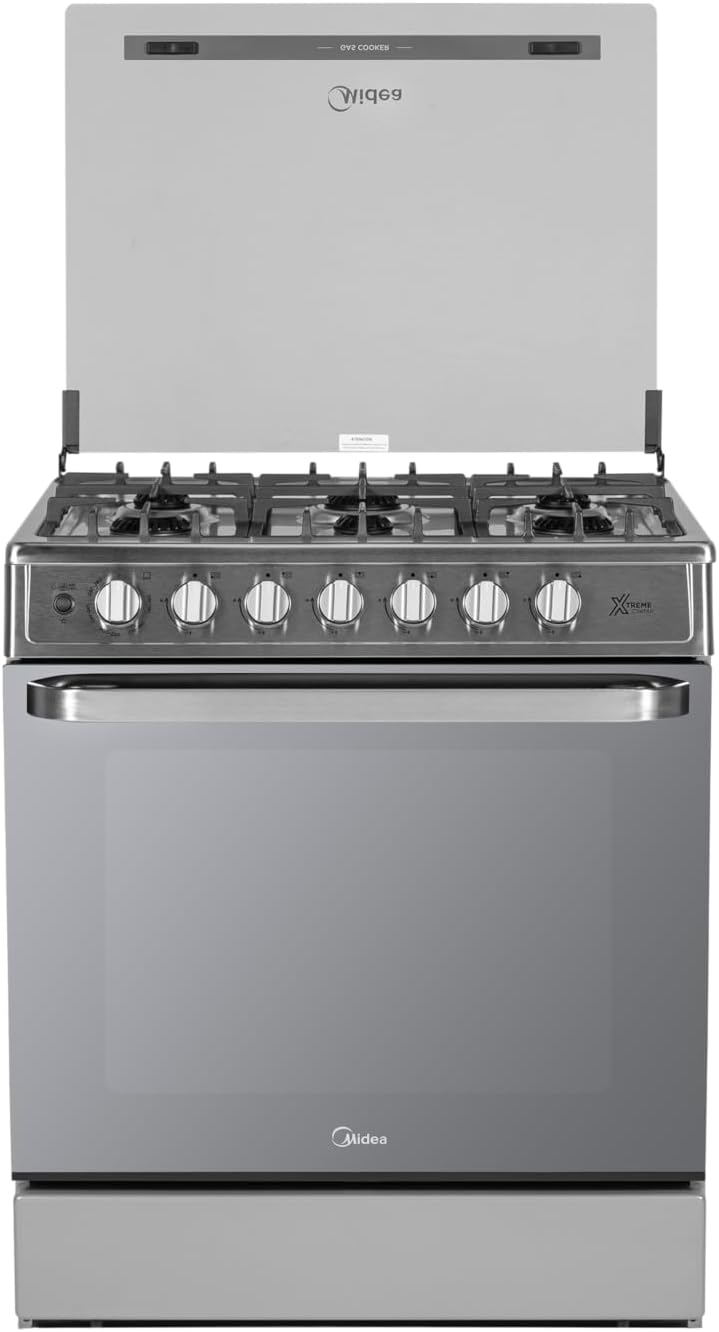 Front view of the Midea MGS30FS1LEAMSS stove with glass lid open