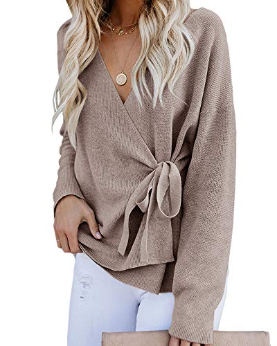 Damen Pullover mit V-Ausschnitt, langärmelig, lässig, gerippt, gestrickt, khaki, Groß Cover