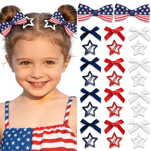 STGDAK 26 Pack 4th of July Hair Bow Accessories for Girls Women American Flag Bow Clip Red White Blue Patriotic Bows Fourth of July Star Clip Cute USA Hairpin Small Bow for Girls Toddler