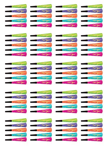 Beistle 100 Piece Colorful Happy New Year Neon Burst Horns Noisemaker Party Favors and Supplies, 9", Multicolored