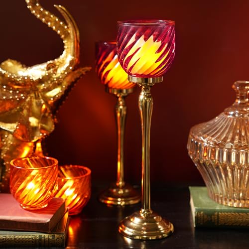 Image of Pure Home Red Swirl Textured Hurricane - Large | Size: 9 x 9 x 24 cm | Premium Hurricanes for Everyday Styling | Table Top & Shelf Decor Showpiece | Ideal for Housewarming & Wedding | Premium | Pack of 1