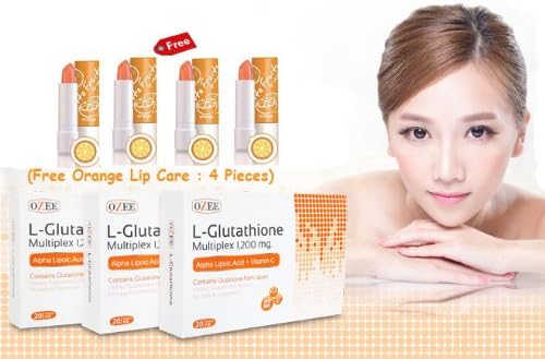 X2 Packs OZEE L-Glutathione 1200 Mg. Alpha Lipoic + Vitamin C Contains Glutathione From Japan (Free Orange Lip Care : 2 Pieces) Dietary Supplements for White and Bright Skin 40 Capsules