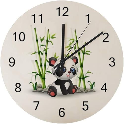 Reloj de pared de madera, reloj colgante silencioso, redondo, retro, estilo granja, panda, bebé, bambú, cuarzo, funciona con pilas, relojes