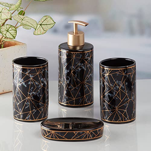 Image of SaSaSa Ceramic Bathroom Accessories Set of 4 Modern Bath Set with Soap Dispenser & Toothbrush Holder, Luxury Home & Gift Idea, Black /Gold (9757)