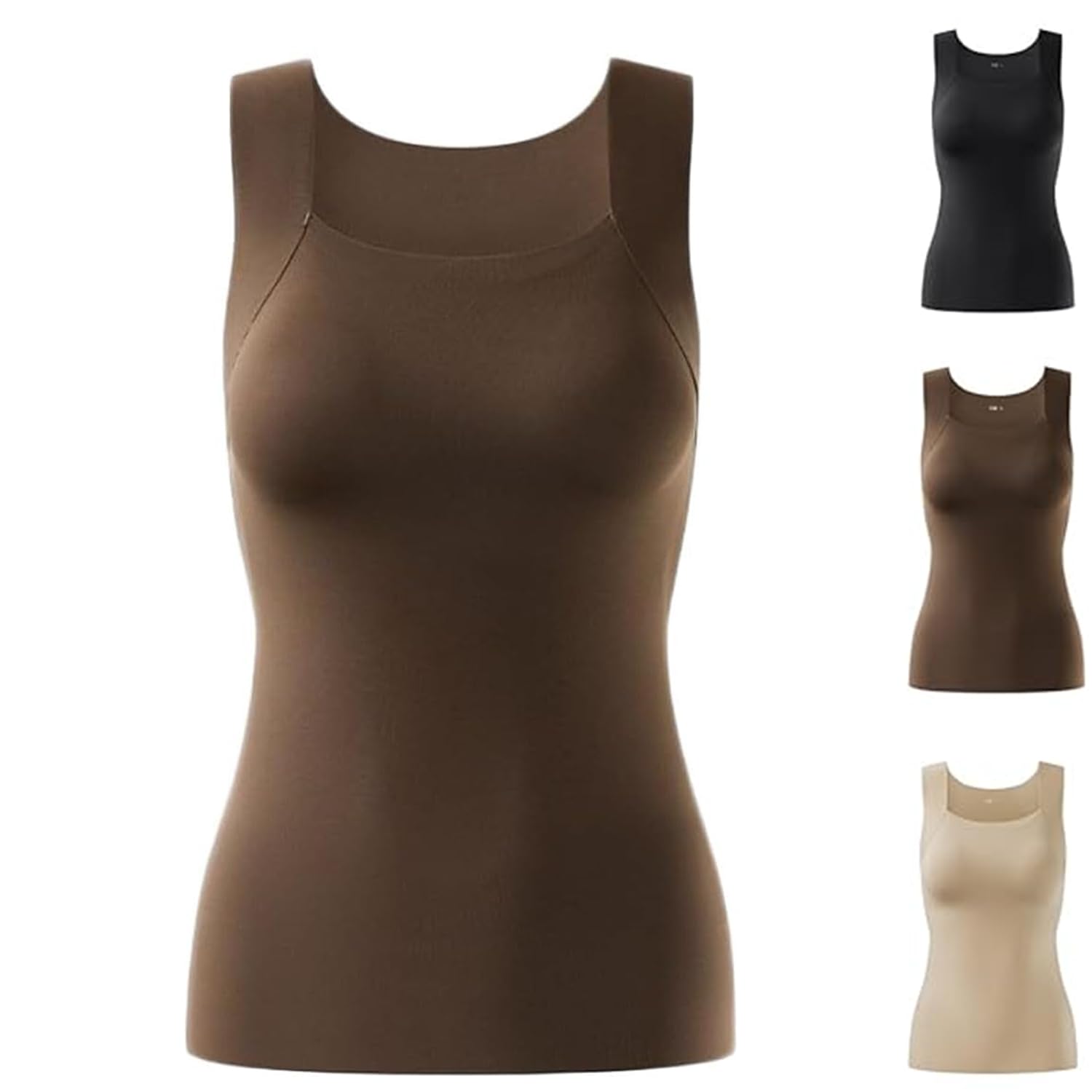 GARWAR Shamfreshen U Neck Shapewear Built-in Bra Tank,Women High Support Tummy Control Compression Tank Top with Bra (L,Coffee)
