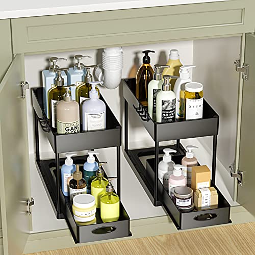 Appolab 2 Pack Under Sink Organizer, 2-Tier Sliding Cabinet Basket Organizer Drawers, Under Sink Organizers And Storage Bathroom Kitchen Cabinet Organizer With Hooks The Bottom Drawers Can Be Slid Out #TOP2