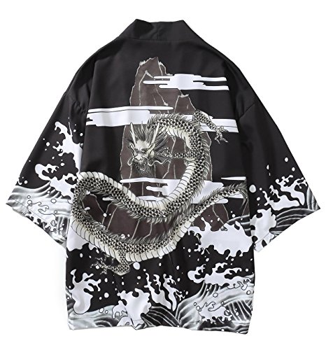 Men's Kimono Yukata Cardigan Casual Dragon Pattern Open Front Coat (Black, Large)