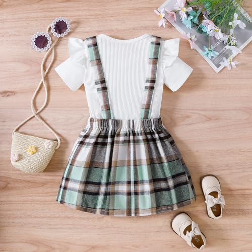 Image of AMMENGBEI Toddler Little Girl Summer Outfits Ribbed Knit Ruffle Tops and Plaid Suspender Skirt Set Kids 2Pcs Clothes