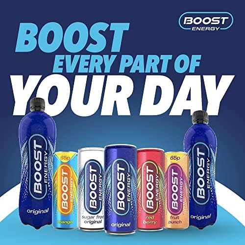 Boost Energy Drink Original Flavour, 250ml x 24 pack, Vegan Friendly Great Tasting Energy Boost, Less than 60 kcals, Gluten Free Taurine Carbonated Drink, White