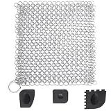 Limpiador de Hierro Fundido de Acero Inoxidable, limpiador de anillos Dutch Oven Limpiador de hierro fundido con 3 rascadores para sartenes, sartenes de hierro fundido, ollas, sartenes (10 x 10 cm)