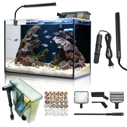 10 Gallon Aquarium Set Glass Fish Tank, with Heater Self Cleaning System Filter with Media Bright Light Cleaning Tool, Leak-Proof Clear Rimless Betta Tropical Freshwater Fish