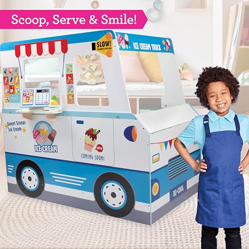 Ice Cream Truck Wooden Playset- 20 Fun Toy Pieces Including Freezer, Steering Wheel Sink & Sticker Sheet for Kids Name- Popsicles, Cones, Scooper- Play Stand for Indoor Activity Center, Xmas Gift