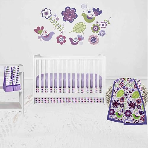 Bacati - Botanical Floral Birds Purple Multicolor 4 pc Crib Bedding Set with Diaper Caddy