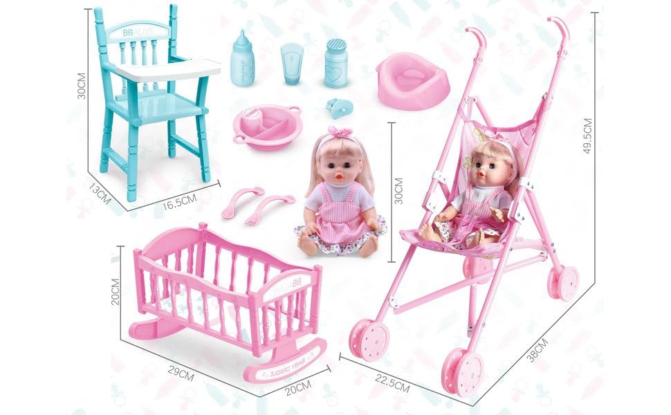 Image of DUNGRANI ENTERPRISE 3 in 1 Baby Doll Stroller Set Toys for Girls Toddlers 3-5 4-6 Year Gifts,Baby Doll Set with 12.5 inch Doll,1 Baby Dining Chair,8 PCS Baby Doll Accessories (Unique)