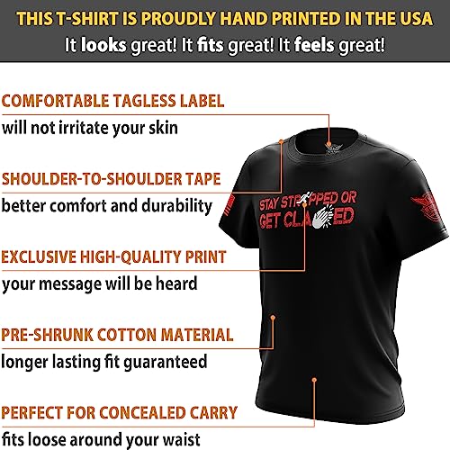 We The People Holsters - Stay Strapped - Round Neck T Shirt - Men\'s Short Sleeve T Shirt - Pro America Logo - American Flag Patriotic Shirt - Black - L