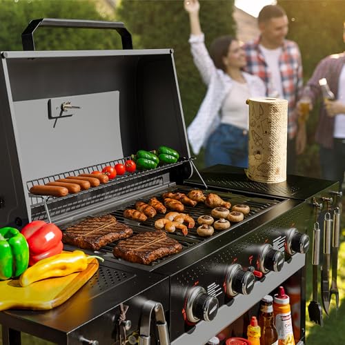 Royal Gourmet 4-Brenner Gasgrill 10 kW Grillwagen mit klappbaren Seitenablagen, Ablagekorb, Outdoor Gasgrill für Balkon, Terrasse, Garten und Camping
