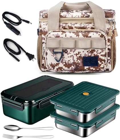 Electric Lunch Box 12v/24v/110v Heated Lunch Boxes for Adults Men Work Car Truck, 60-oz Portable Food Warmer Heating Lunchbox 80w Food Heater with Insulated Lunch Bag