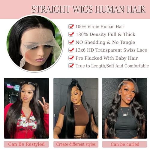 Image of LETMIEO 30 Inch 13x6 Lace Front Wigs Human Hair Straight Wigs Human Hair 13x6 Real 100% Virgin Hair 180 Density HD Transparent Lace Frontal Wigs for Women Glueless Wigs Human Hair Natural Color