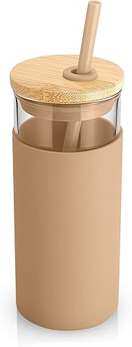 Miniatura 21 de Tronco - Vaso de vidrio de 20 onzas con tapa de bambú y pajilla, vaso para licuado de frutas con funda de silicona, sin bisfenol A, apto para