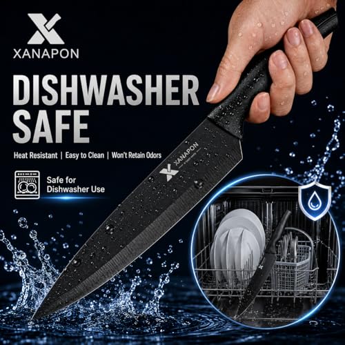 XANAPON Knife Set, 14 Pieces Kitchen Knife Set, High Carbon German Stainless Steel, Dishwasher Safe Cutlery with Built-in Knife Sharpener, Black - Image 6
