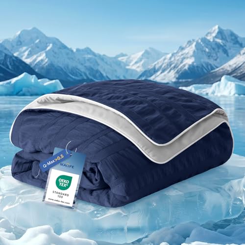 IKALIFE Seersucker Cooling Blanket, Q-Max>0.5 Soft Lightweight Cool Blanket for Hot Sleepers, Double-Sided Design Summer Breathable Cooling Comforter, Cool Comforter for Sleeping, 150x200cm, Dark Blue