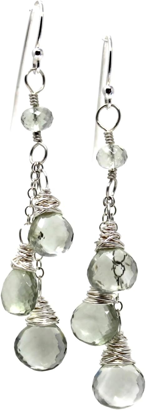 Green Amethyst Earrings Sterling Silver Prasiolite Briolette Dangle Cascade - Image 2