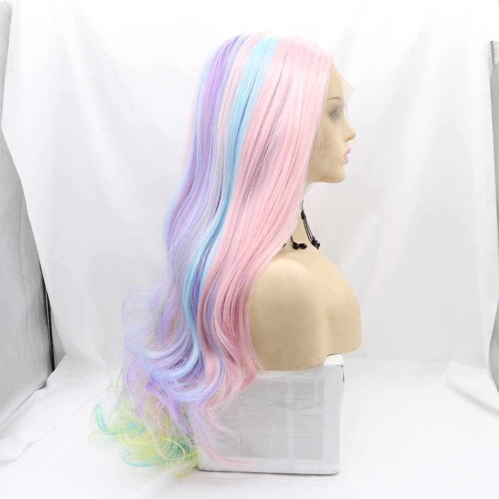 Xiweiya Wigs Yellow to Purple Neon Green Mix Purple Pink Wig Long Wave Synthetic Lace Front Wig Natural Wavy Rainbow Hair with Heat Resistant for Women,Drag Queen - Image 4
