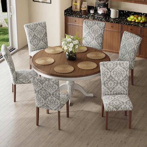 Image of COLAMY Upholstered Parsons Dining Chairs Set of 6, Fabric Dining Room Kitchen Side Chair with Nailhead Trim and Wood Legs - Grey /White Flower