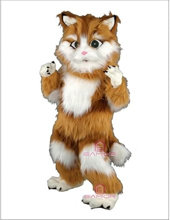 Long Plush Brown & White Cat Mascot Costume Adult Size for Men & Women with Built-in Fan Inside the Head