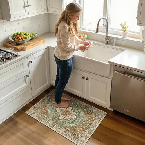 Image of RELEANY Area Rugs Small 2'x3' Washable Non-Slip, Floral Vintage Distress Medallion Carpet for Kitchen Entryway Bathroom, Terracotta Burnt Orange Green